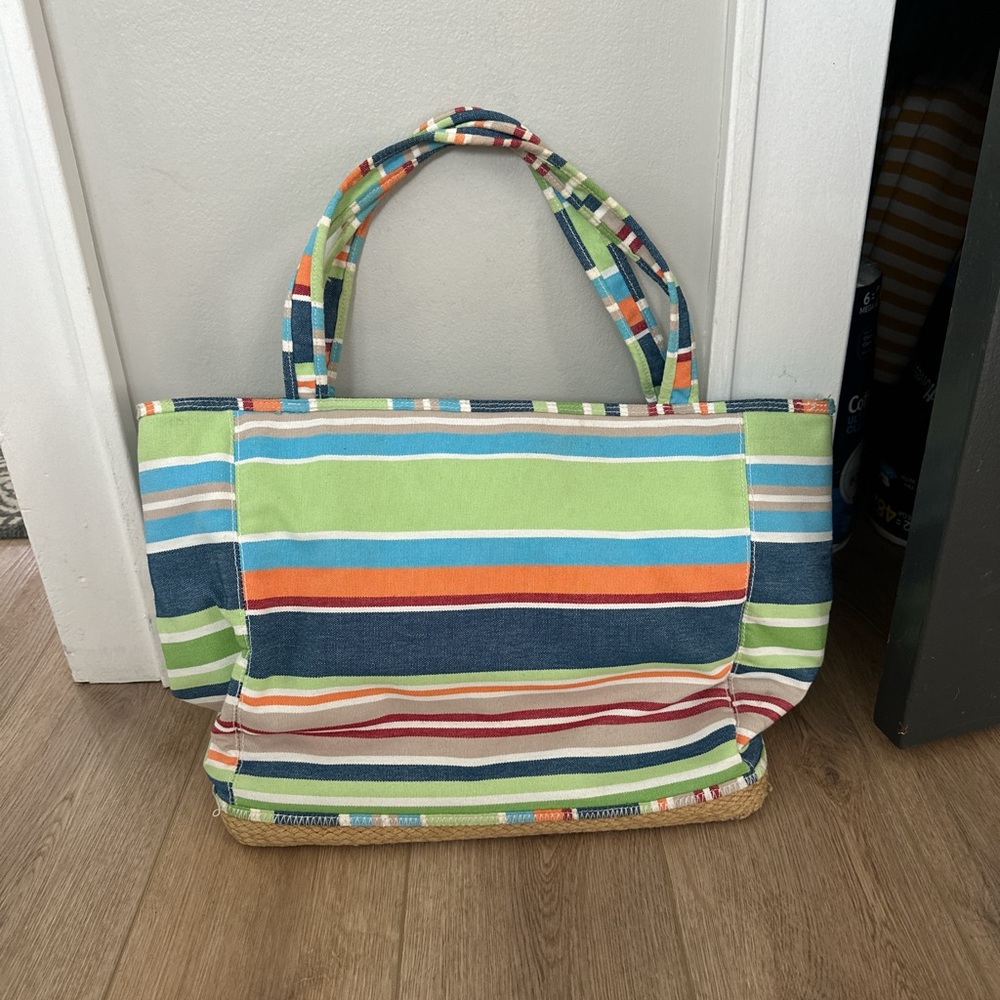 Pottery Barn Teen Green and Blue Striped Canvas Tote